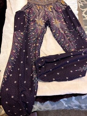 Boho Peacock Feather Palazzo Pants - Plum